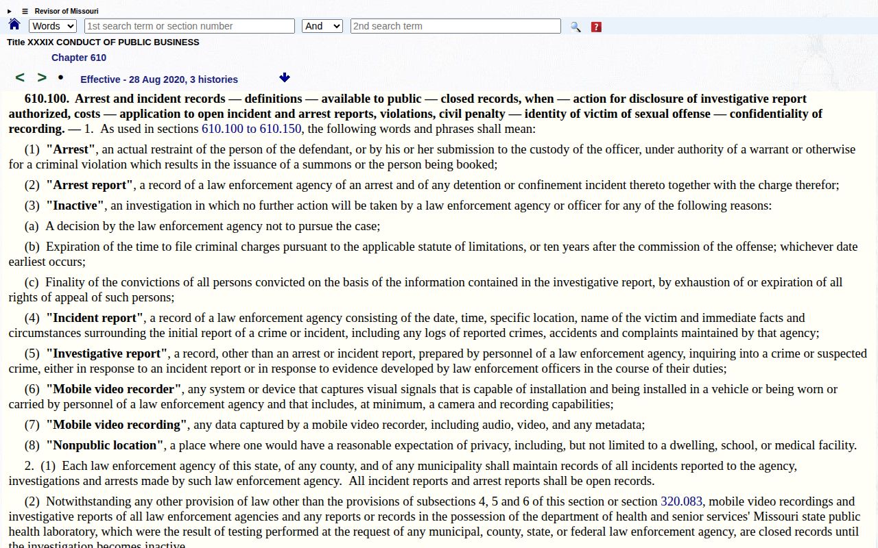 Missouri law governing Laclede County 72 hour release records